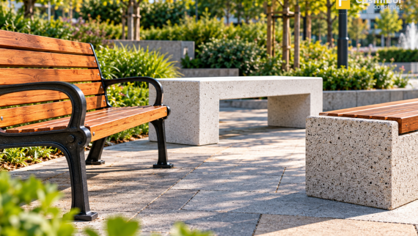 Materiale pentru mobilier urban – bancă din lemn, metal și beton